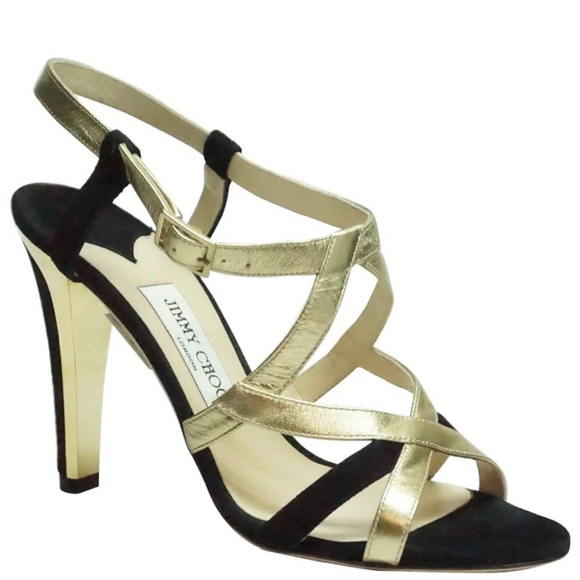 Jimmy Choo Slingback Sandals Heels 9.5 -39.5 Black Suede Gold Metall Ankle strap